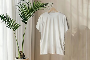 a blank white t-shirt hanging on a wooden hanger against a clean, neutral background with a potted green plant