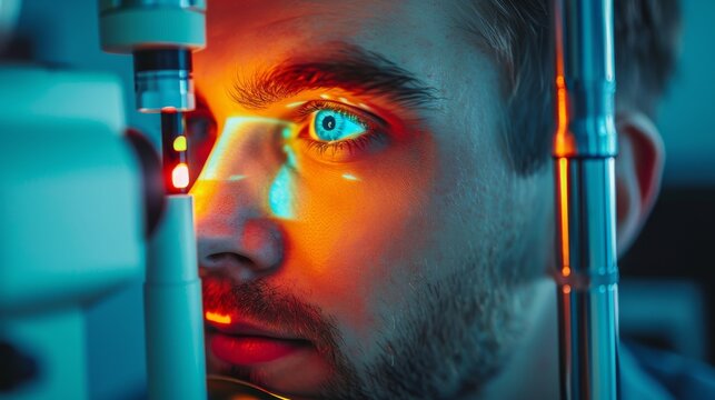 The patient's eyes are being examined with a laser ophthalmoscope or iris dilator by an ophthalmologist. Concept of treating nearsightedness and farsightedness with Laser In Situ Keratomileusis 