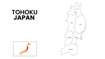 Tohoku Map. State and district map of Tohoku. Administrative map of Tohoku with district and capital in white color.