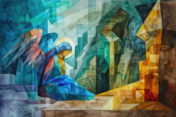 A painting of an angel sitting on a manger, suitable for religious themes