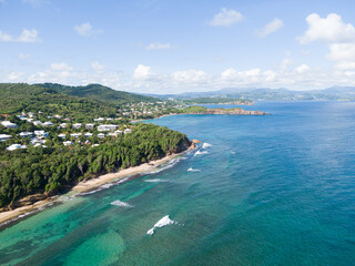Fototapeta premium Drone view of tartane coast and ti plage, Martinique, West Indies, France