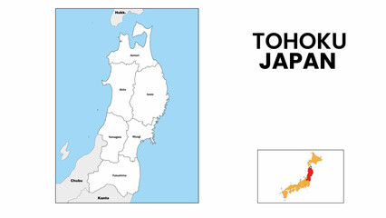 Tohoku Map. State and district map of Tohoku. Administrative map of Tohoku with district and capital in white color.