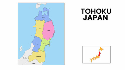 Tohoku Map. State and district map of Tohoku. Political map of Tohoku with country capital.