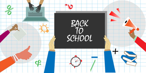 Back to school hands holding chalk on blackboard background. Laptop, announcement idea vector illustration.