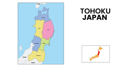 Tohoku Map. State and district map of Tohoku. Political map of Tohoku with country capital.