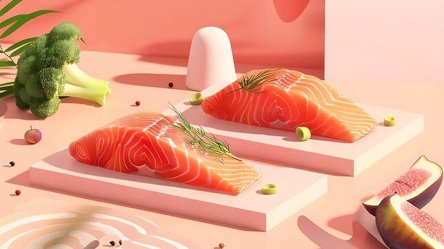 Two pieces of salmon on a pastel mint platform, surrounded by a sprig of dill, broccoli, clean culinary aesthetic.