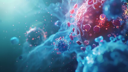 Fototapeta premium An illustration of a virus. The virus is blue and has red spikes. It is surrounded by other viruses.
