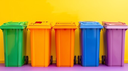 Image shows five brightly colored trash bins against a yellow background. The bins are green, orange, yellow, blue, and purple.