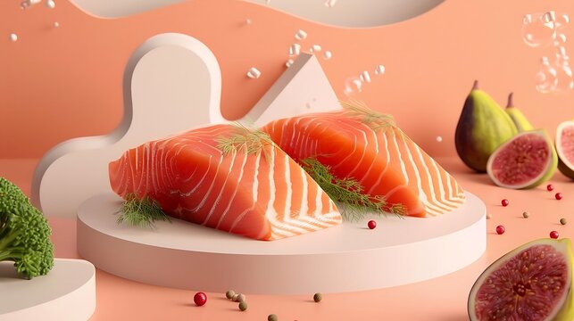 Two pieces of salmon on a pastel mint platform, surrounded by a sprig of dill, broccoli, clean culinary aesthetic.