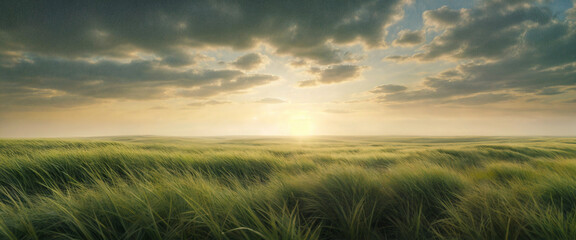 Tall grass. Panorama of the evening meadow. Scenic hills