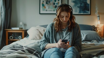 Obraz premium Woman Relaxing with Smartphone and Headphones