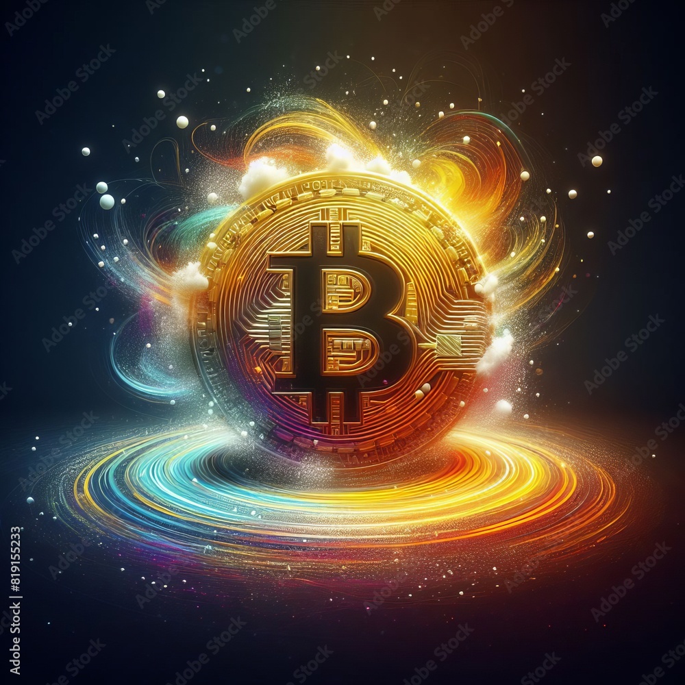 Poster a vibrant digital artwork showing a glowing bitcoin symbol surrounded by a dynamic cosmic swirl.. ai