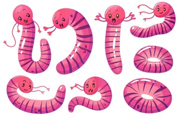 Fototapeta premium A group of cute cartoon worms showing different emotions. Ideal for children's books or educational materials