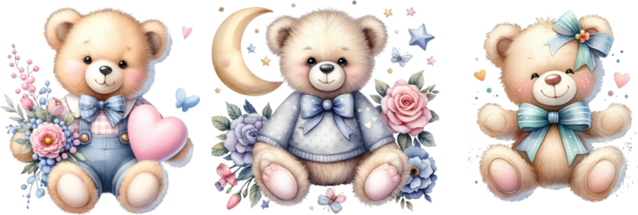 Watercolor teddy bear clipart, transparent background