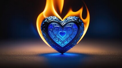 blue heart with ornate patterns and engulfed in realistic flames, set against dark background. contrast between the cool blue heart and hot orange flames creates visually intense and dramatic effect