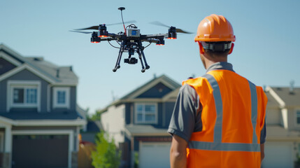Construction worker in highvisibility clothing watches drone over building