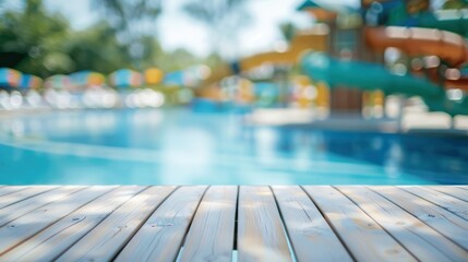 Empty white table space platform and blurry defocused aqua park
