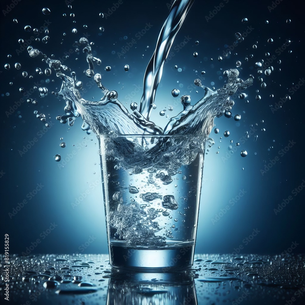 Poster crystal clear water splashing into a glass, set against a deep blue background, capturing the dynami
