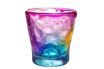 Colorful glass tumbler with an artistic design, featuring vibrant shades of pink, blue, and yellow. Perfect for creative decor and drinkware.