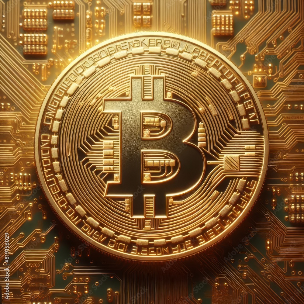 Poster a highly detailed golden bitcoin coin rests on a complex circuit board background, symbolizing digit