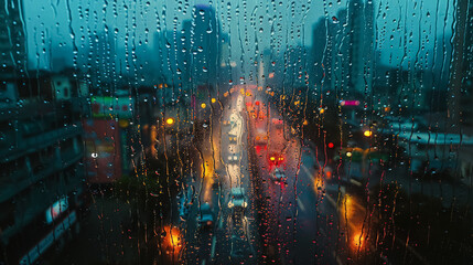 Fototapeta premium A city view with raindrops on the window. The city lights are reflected in the raindrops, creating a moody and atmospheric scene