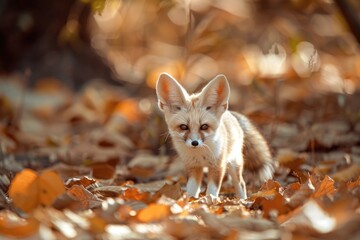 Naklejka premium A small fox standing in a pile of leaves. Suitable for nature and wildlife themes