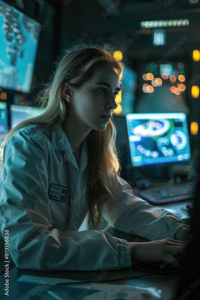 Poster a woman in a lab coat working on a computer. suitable for science and technology concepts