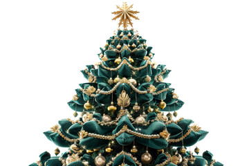 Elegant Christmas tree adorned with golden ornaments and a star topper, isolated on transparent background. Perfect for festive holiday decor.