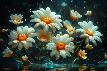 Illustration of psychedelic art style , a bunch of white daisy flowers in the dark