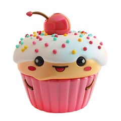 Cheerful 3D Rendered Cupcake with Sprinkles and Cherry Topping on Bright White Background