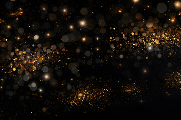Dynamic abstract background featuring gold sparkles scattered across a deep black canvas with white highlights,   Generative Ai,