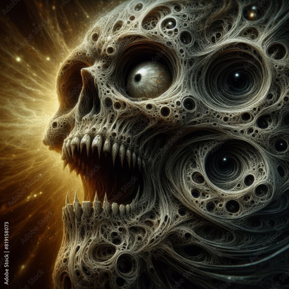 Aufkleber surreal and dark illustration of a skull with intricate fractal textures and eyes, set against a cos