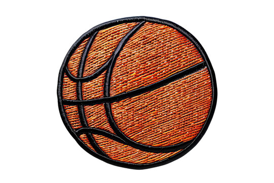 Embroidery patch of an orange basketball with black stitching, isolated on transparent background. Perfect for sports or basketball-themed projects.