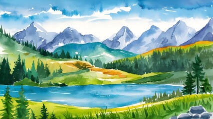 illustration of beautiful landscape with mountains and lakes in watercolor, aquarelle look