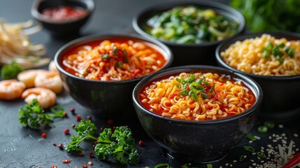 spicy ramen with chili, sweet and sour miso soup, noodles with vegetables Thai style
