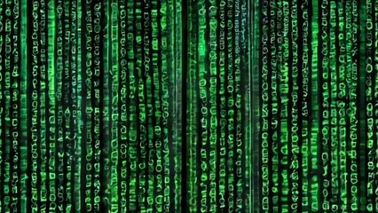 digital matrix of green alphanumeric characters streaming vertically on black background, creating a visual effect reminiscent of computer code or data in motion.
