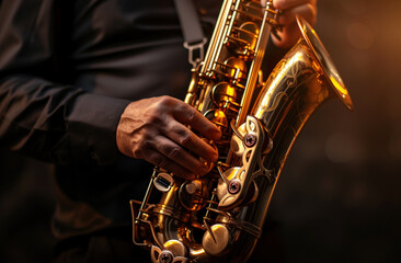 Obraz premium saxophonist's hands playing the saxophone