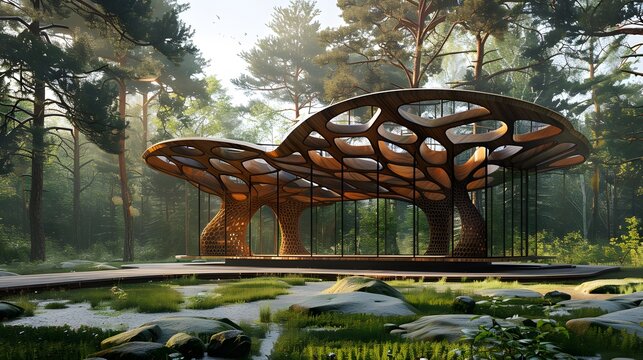Modern Wooden Pavilion with Organic Design and Open Canopy in a Lush Forest Environment. Eco-Friendly Pavilion with Organic Wooden Structure in a Forest