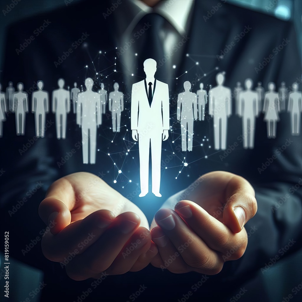 Poster an artistic rendering of a businessman with open hands projecting a glowing holographic human figure