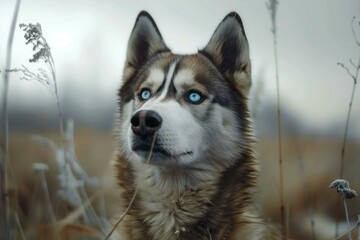Portrait of a husky dog with blue eyes in the field