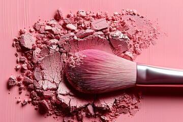 Make-up brush and crushed eyeshadow palette on pink background
