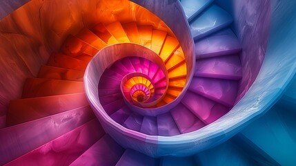 Fototapeta premium Abstract 3D spiral staircase with vibrant color gradients, infinite and surreal perspective