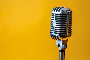 A close up of a microphone on a yellow background
