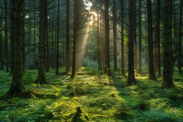 The sunlight shines through tall trees in a green forest
