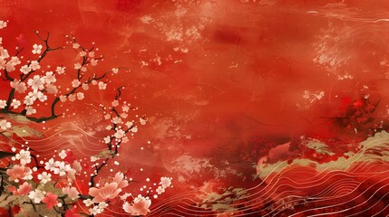 Japanese banner frame on red background with spring sakura blossoms. Generative Ai