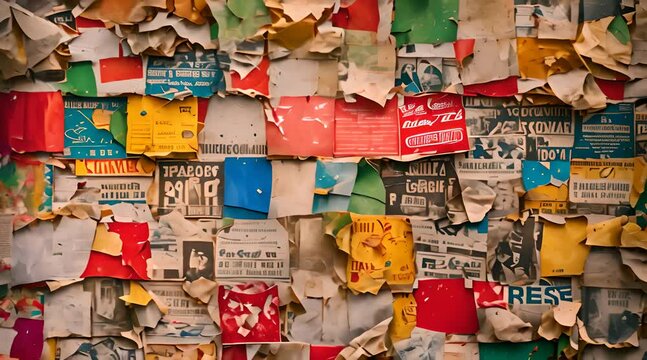 Old colorful posters ripped, torn, crumpled paper, abstract grunge texture wall backdrop placard surface. Bright reds, blues, yellows, and greens mix with faded text and images