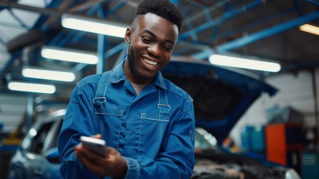 Smiling Mechanic with Smartphone