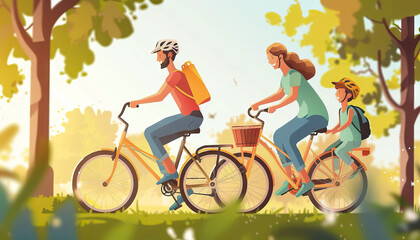 Happy Family Enjoying a Bike Ride in the Park - Share moments of joy with this image of a happy family enjoying a bike ride in the park, perfect for illustrating outdoor activities and family bonding.