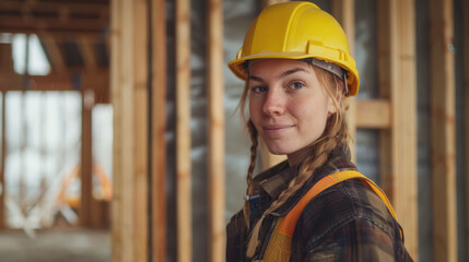 Female Carpenter at Construction Site - Young female carpenter with braids and a yellow hard hat, smiling confidently at a construction site with wooden framing in the background.