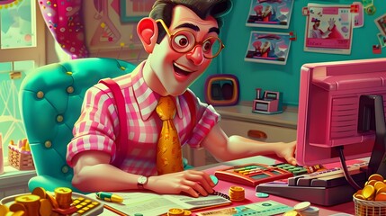 Detailed illustration of a Financial Officer in the workplace with charts and spreadsheets